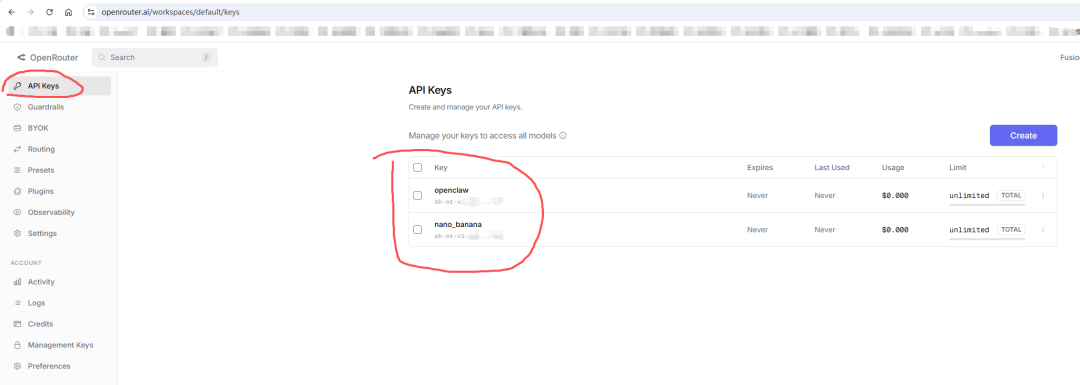OpenRouter API Key 创建界面