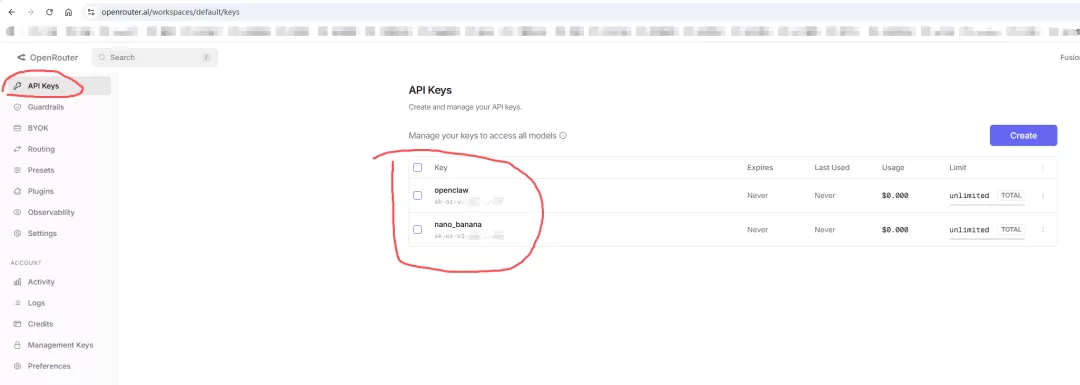 OpenRouter API Key 创建界面